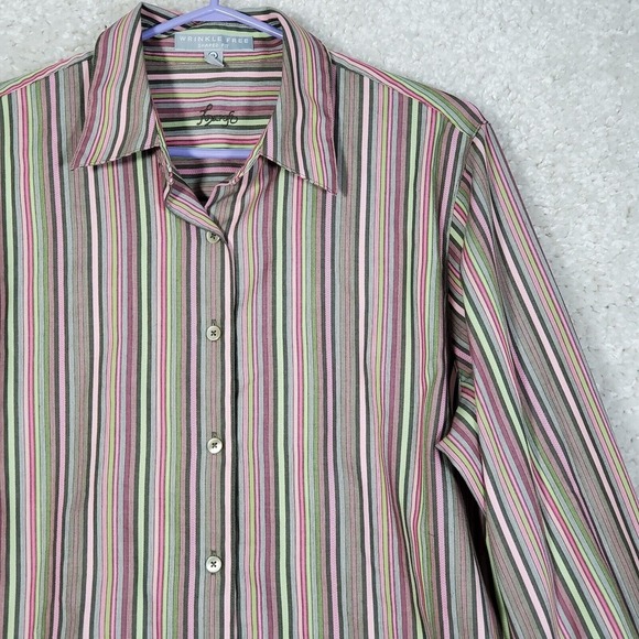Foxcroft Womens Wrinkle Free Shirt Size 14 Pink Green Stripe Button Up Office - Picture 2 of 10